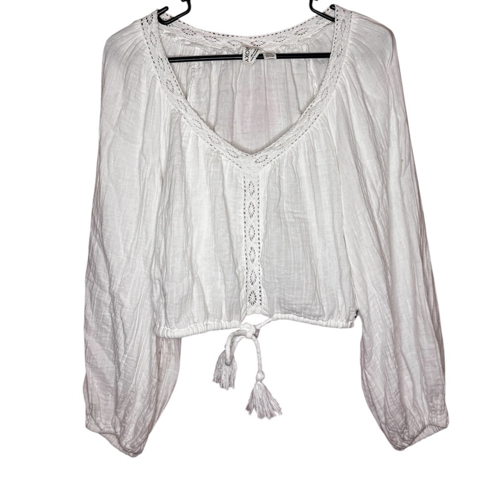 100% Cotton ROXY White Lace-Trimmed Blouse with Tassels